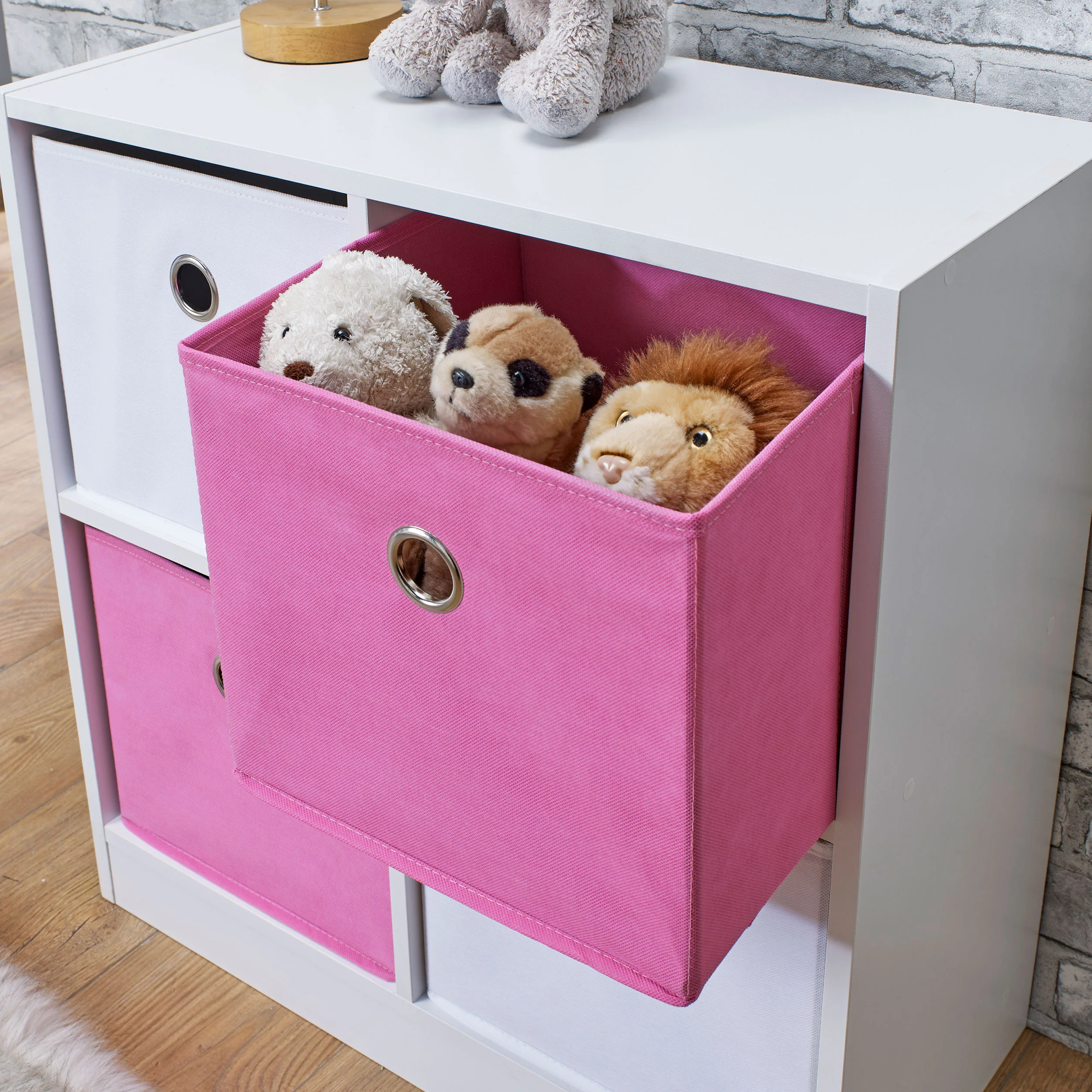 4 Cube Storage Unit With Baskets White And Pink - Image 4